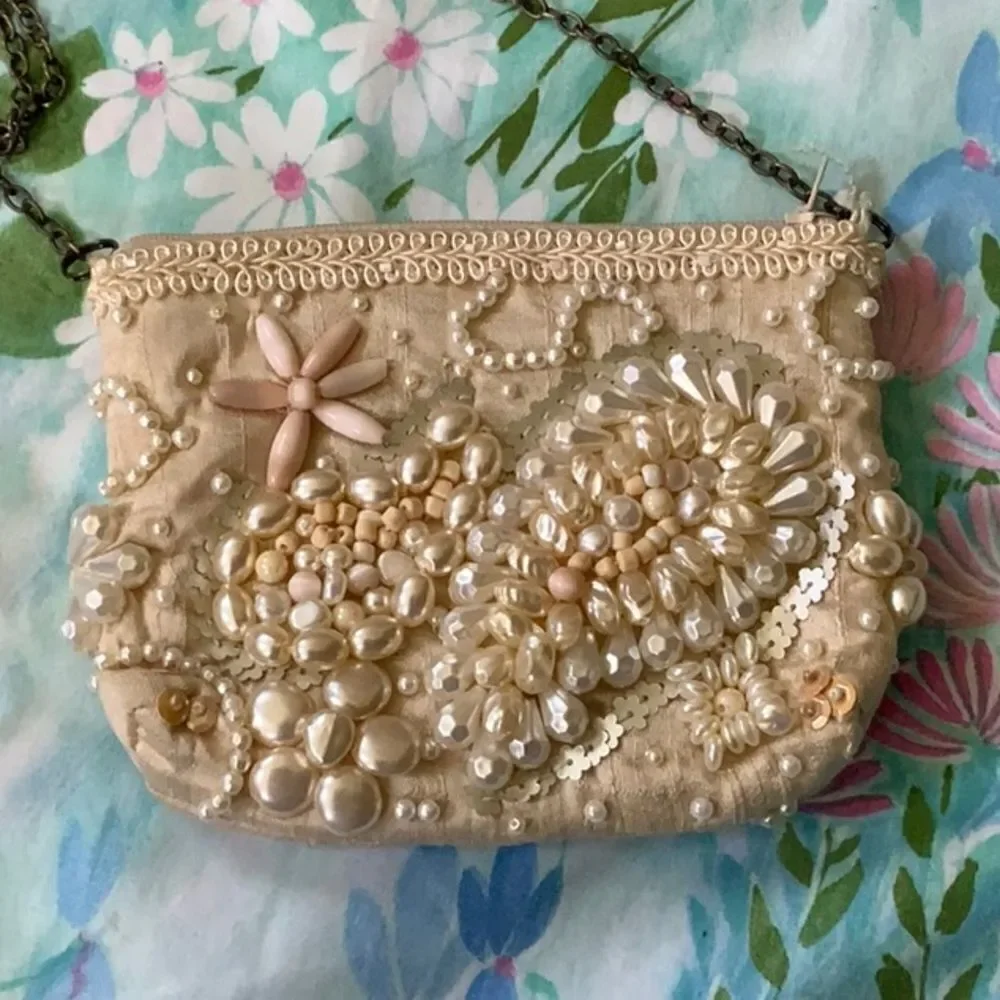 Mary Frances Small Pearl (Faux) Beaded Bag - Small Cream Chain Strap - Picture 4 of 15